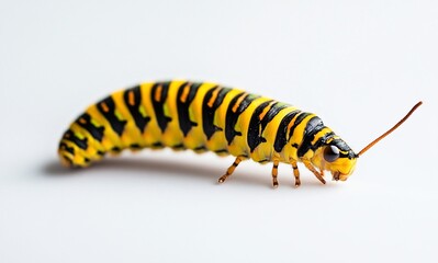Close-up of a vibrant yellow and black caterpillar on a white background.