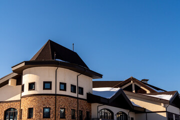 Building Architecture Design, Modern House Exterior, Winter Sunny Day: Architectural Details, Snow Roof