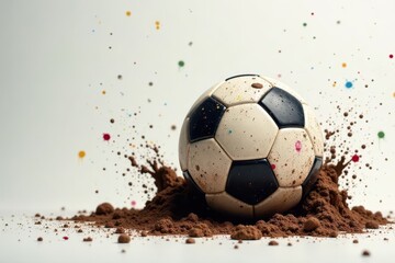 Fototapeta premium Muddy soccer ball, paint splatters, friendly expression, soft colors, book, retro, kid's book