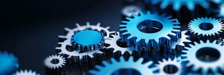 Interlocking Gears Mechanism - Close-up of intricate blue and silver gears, showcasing precision engineering and complex mechanics. Perfect for concepts of teamwork, technology, or industry