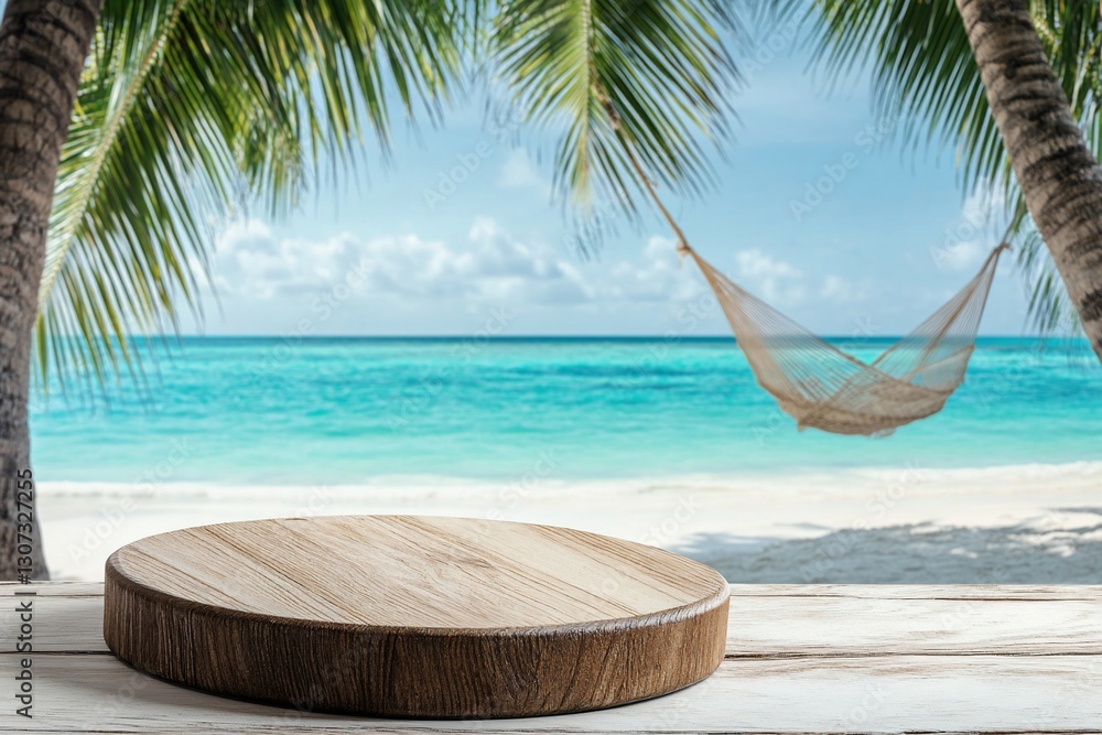 Poster wooden round display platform on beach with hammock and ocean view.