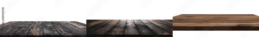 Poster the scene consists of an empty wooden table with black planks, a wooden desk, and a black shelf disp