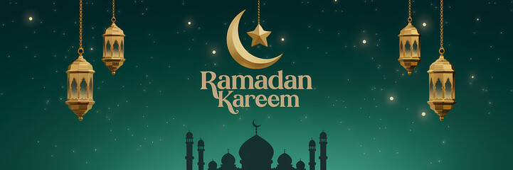 Naklejka premium Minimalist Ramadan Kareem Greeting Card Design Featuring Hanging Golden Lanterns Crescent Moon and Mosque Silhouette on Deep Green Background with Arabic Calligraphy and Elegant Islamic Ornamentation