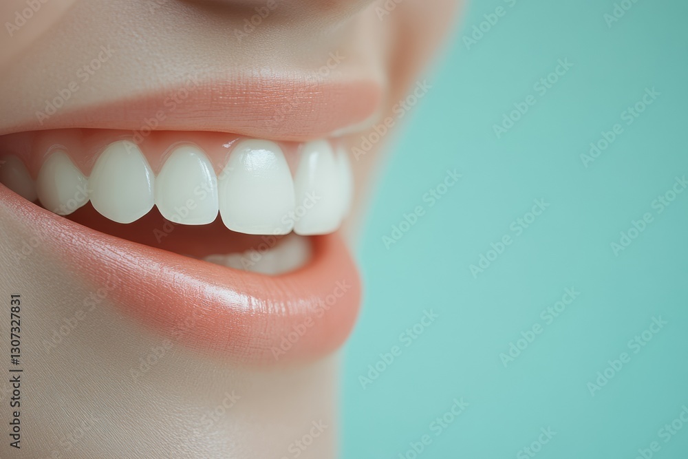 Poster smiling mouth with white teeth showcasing a recent dental check up in a soft pastel blue background 