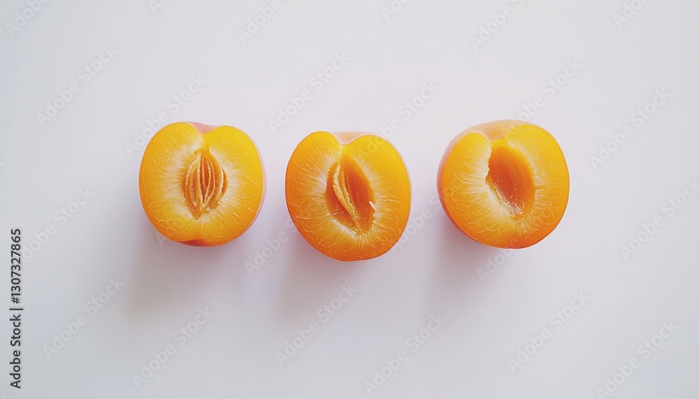 Poster three halved apricots arranged in a row on a white background.