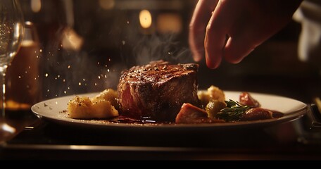 Close-up of a chef seasoning a gourmet steak dinner with gnocchi, vegetables, and red wine reduction sauce.