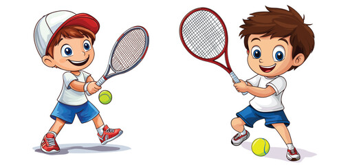 Cartoon Funny Boy Playing Tennis on white background