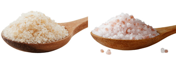 Obraz na płótnie Canvas On a white background, a wooden spoon contains a pile of sea salt