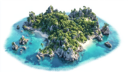 A breathtaking aerial view of a tropical island surrounded by crystal-clear turquoise waters