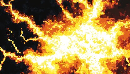 Obraz premium Abstract Fiery Explosion Digital Art Displaying Vibrant Orange Yellow And Black Pixelated Texture For Dramatic Visual Impact