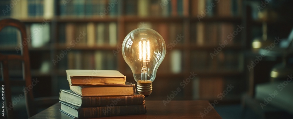 Poster illuminated light bulb on a stack of books in a library.