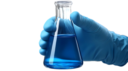 Blue Solution in Flask Held by Gloved Hand, Isolated on White Background