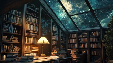 Cozy library room with shelves full of books. Night sky visible through glass roof. Warm lamp shines on desk. Books stacked high for study.
