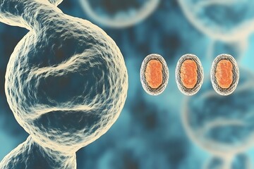 Artistic illustration depicts cellular biology and microscopic biological organisms