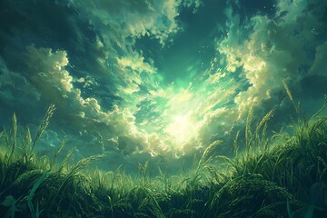 Obraz premium Lush green field under a dramatic, vibrant sky with bright sunlight breaking through clouds.