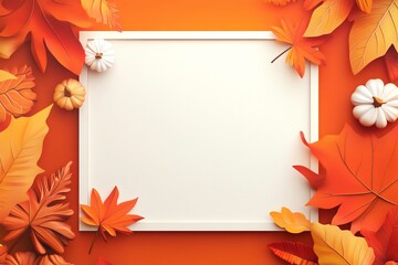 Autumn leaves, pumpkins, and a blank white frame on an orange background.