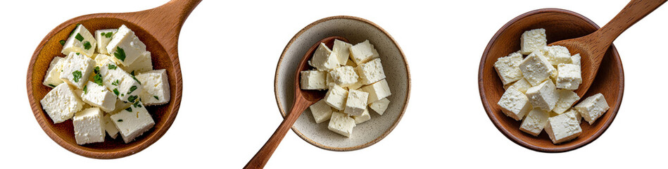 A white background isolates coconut cubes, healthy sliced and diced snack pieces, a shell, and a wooden spoon