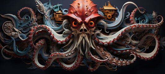 Naklejka premium quilling paper pirate kraken, ai generative