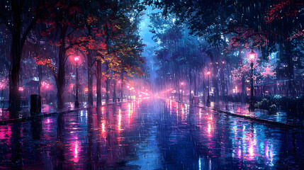 A rainy urban avenue with streetlights and vibrant reflections at night