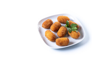 Fried cod croquettes isolated on white background. Copy space