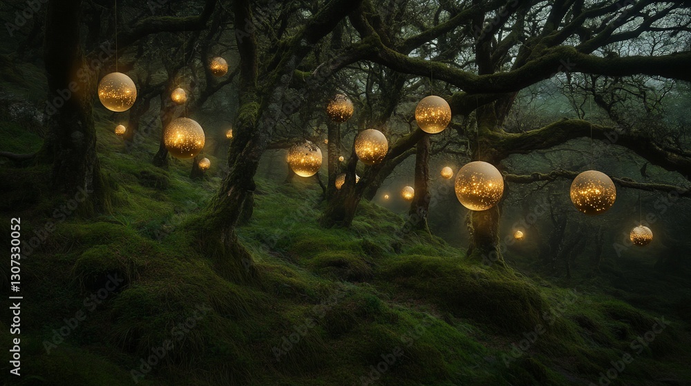 Poster glowing orbs hang from moss-covered trees in a misty forest, creating a magical, ethereal atmosphere