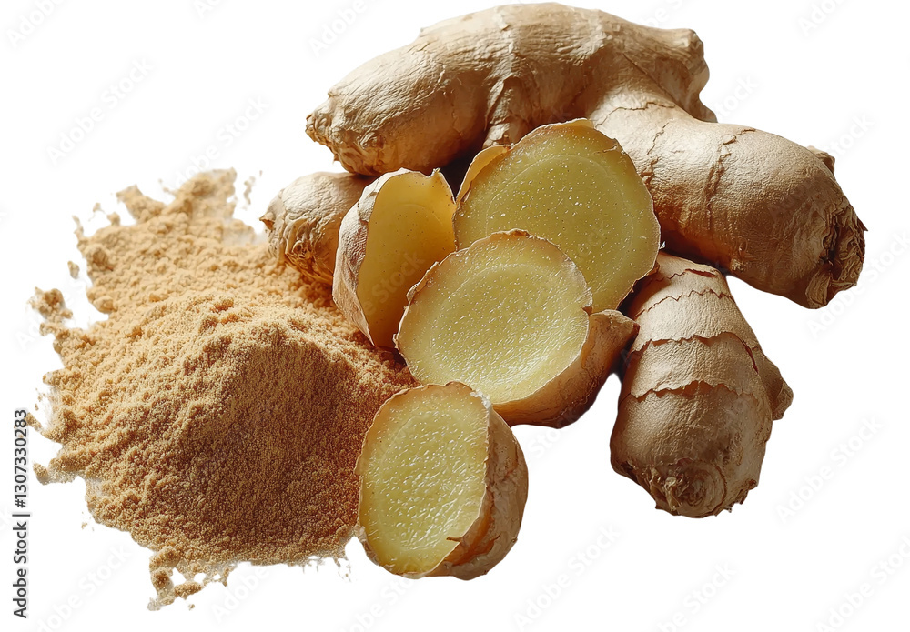 Poster the image features ginger root and powder against a plain white background, captured from directly a