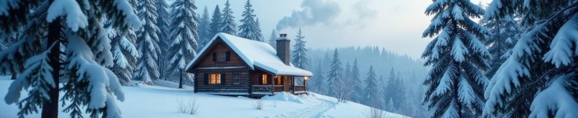 Snow-covered trees surrounding a cabin with smoke rising from the chimney, peaceful, forest, frosty