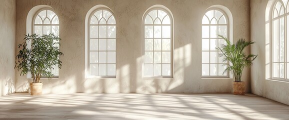 Sunny Room with Large Windows, Interior Design, Minimalist Style, For Backgrounds, Empty Space