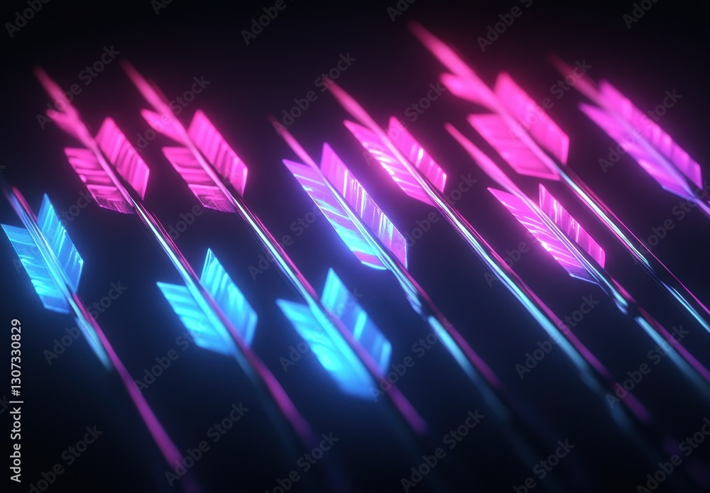 Poster vibrant neon arrows in a dynamic pattern on dark background for creative and abstract visual concept