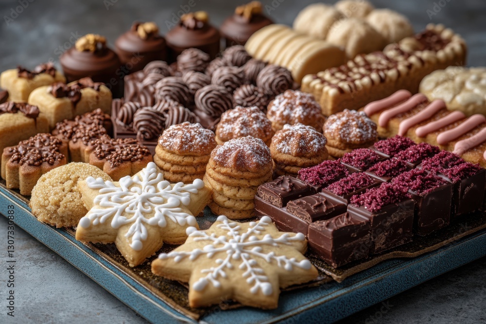 Poster an array of festive cookies and chocolate squares displayed on a serving tray perfect for sharing du