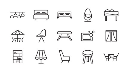 Home Decor line icon set. Kitchen, living room, decoration, bedroom, interior design, dishes, devices, finishing, household, appliances, stylish line icon set. UI thin line icon pack.