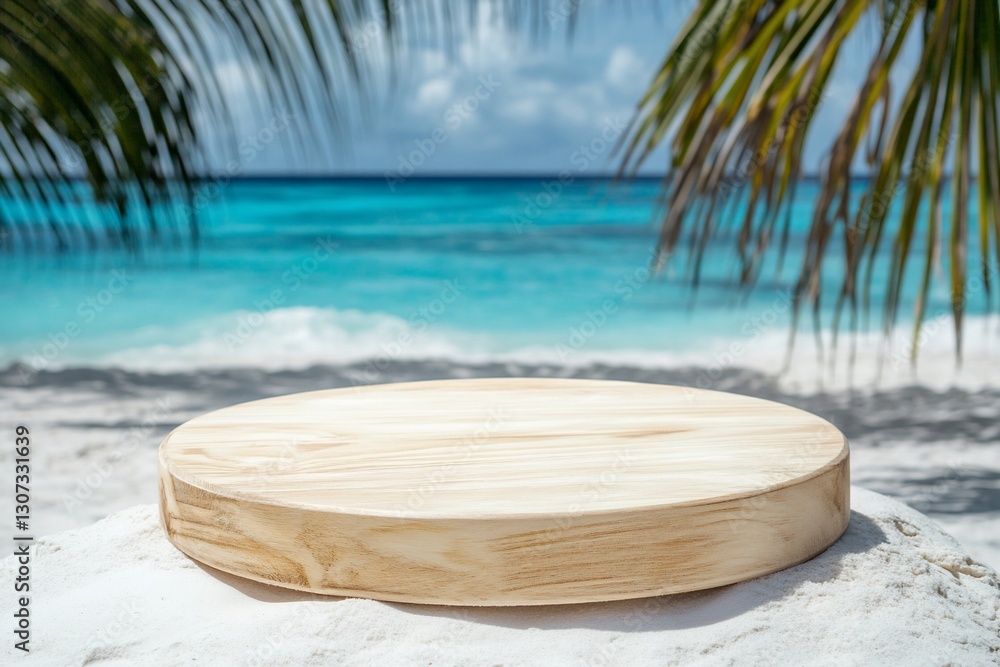 Poster empty wooden round display platform on a tropical beach with palm trees and ocean in the background.