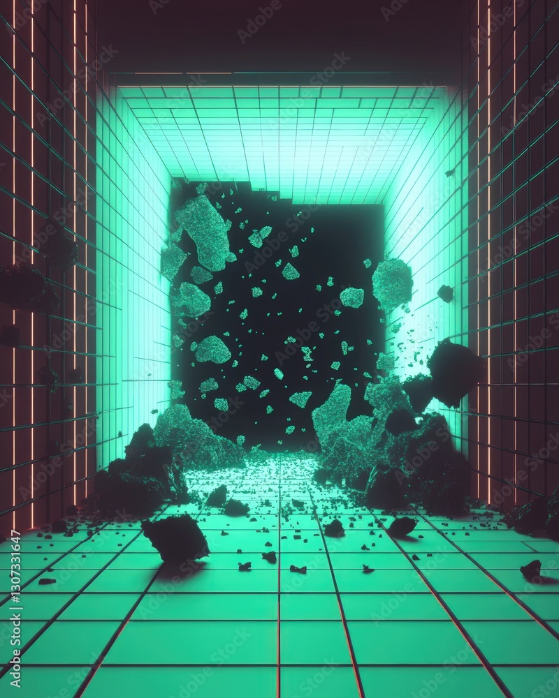 Poster abstract geometric green and red illuminated tunnel with exploding particles and digital effect