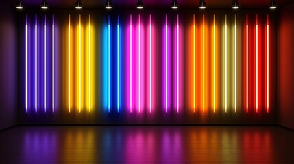 Colorful neon lights illuminate a dark room, reflecting on the floor; ideal for nightclub backdrop