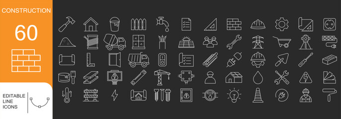 Construction and Building Line Icon Set &ndash; 60 Vector Outline Icons of Tools, Machinery, Workers, Safety Equipment, and Architecture with Editable Stroke

