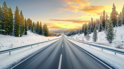 Snowy Road Through Forest at Dawn in Winter Landscape