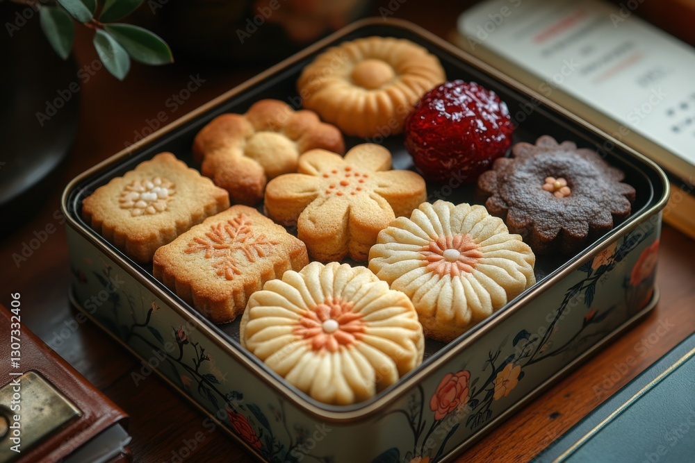 Aufkleber assorted cookies displayed in a floral tin box on a wooden table creating a cozy warm and inviting t