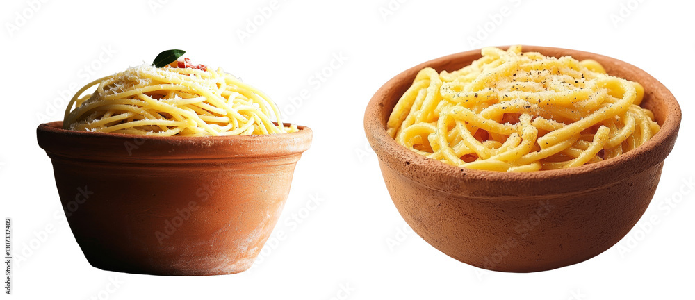 Poster spaghetti noodles are positioned in a clay pot, with a white background surrounding them