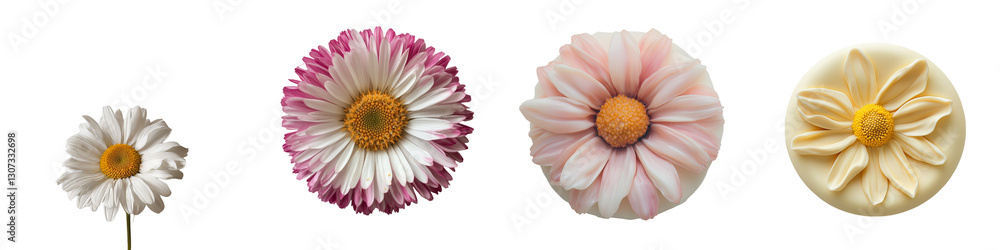 Poster Isolated on a white background, a single white daisy flower is displayed in a flat lay, captured from above, highlighting its beauty as a standalone floral object and pattern