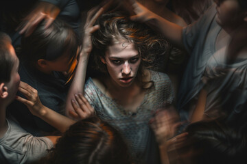 Young Woman Overwhelmed in a Crowd