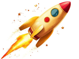 Isolated Watercolor Retro Rocket with Stars