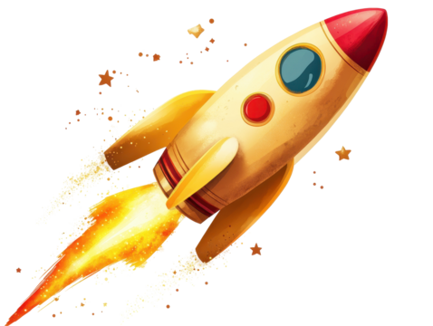 Isolated Watercolor Retro Rocket with Stars