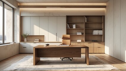 Modern office room shows wood desk and shelves with beige chair on bright rug near window. Storage cabinets provide space within interior.