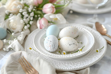 Easter dining concept featuring a beautifully arranged white plate adorned with delicate speckled eggs in soft pastel shades