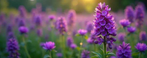 Obraz premium Dense cluster of deep purple wildflowers, dewy petals, countryside, vibrant