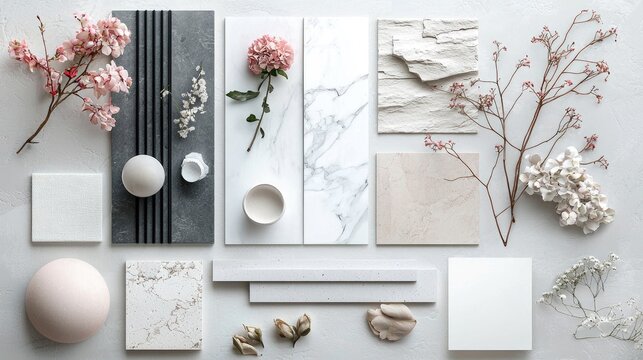 mood board for architectural project, minimalistic, white, black iron, white marble, natural colors, pink flowers, light color fabrics - Powered by Adobe
