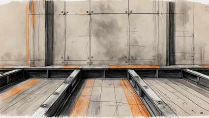 Obraz premium Sketch of gray wood platform with orange lines and light wall. Interior construction drawing with black lines and many details visible.