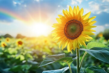 A single sunflower faces the sun with a glowing rainbow stretching over a vast green field at sunset, representing optimism and perseverance.