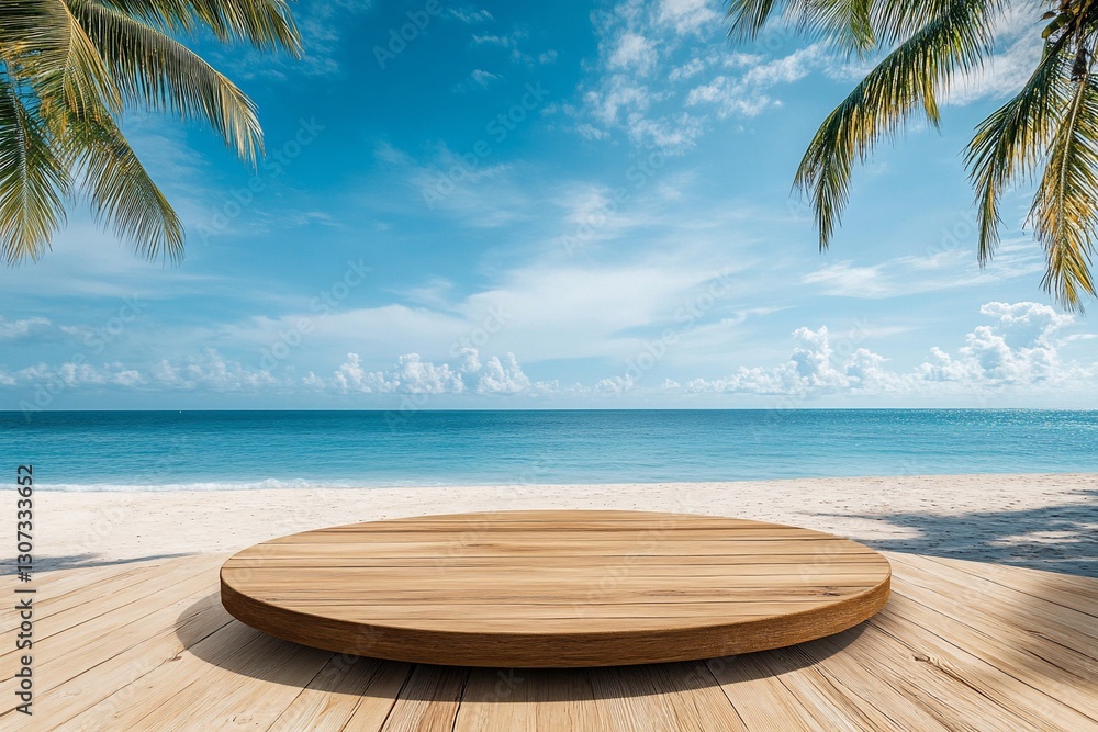 Poster empty wooden round platform on beach with palm trees and ocean view.