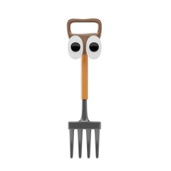 Cartoon 3D Garden Fork with Wooden Handle and Metal Tines with Funny Eyes